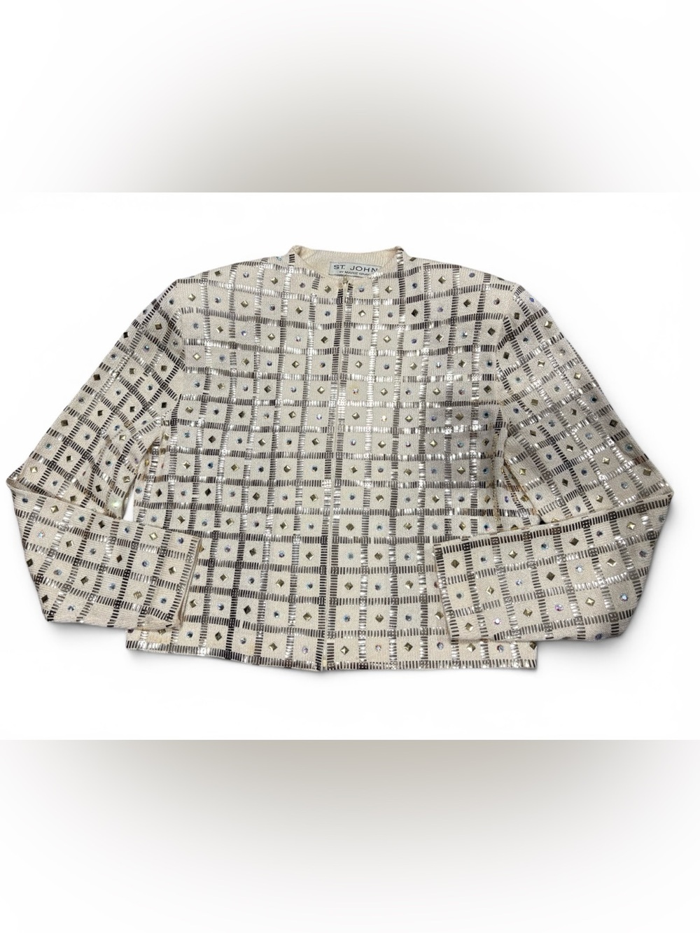 ST JOHN Cream Geometric Shape Rhinestone Evening Zip Front Jacket Size Women’s 6